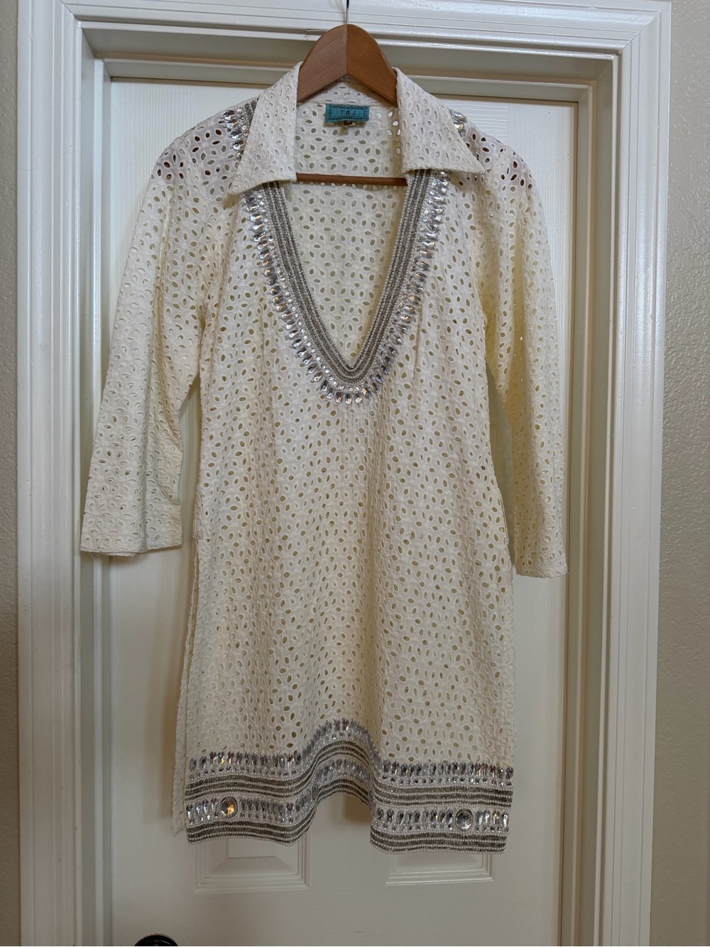 TAJ by Sabrina Crippa Ivory Crochet Beaded V-Neck Swim Coverup
